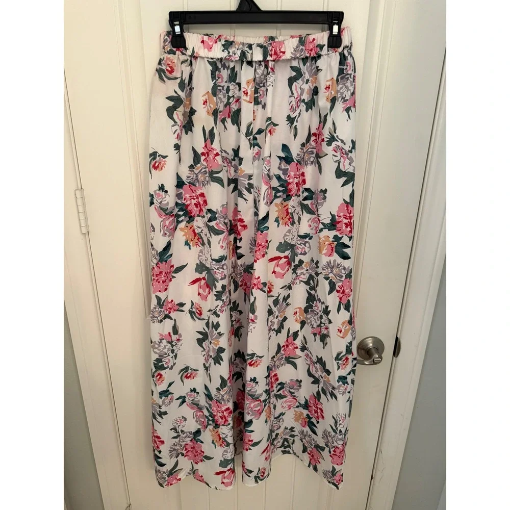Floral Maxi Skirt White Pink Green Double Slit Beach CoverUp Vacation Skirt boho